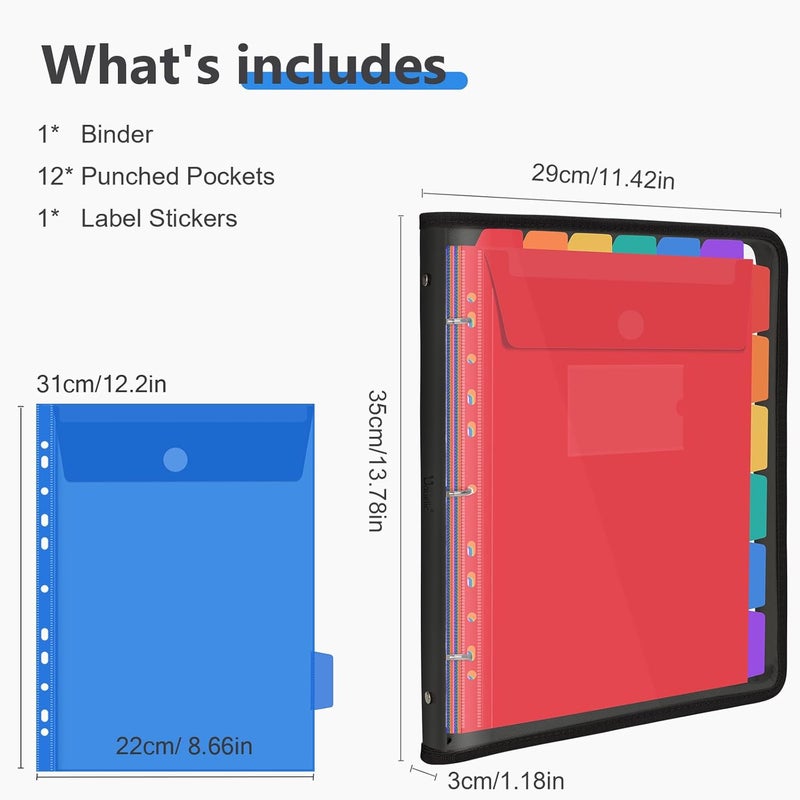 Uquelic Document Organizer, Soft PVC Binder with 12 Colorful Pockets - Zipper Binder 3 Ring with Dividers Letter Size (11'' x 8.5'')-Large Capacity Cute Folder for School, Office & Home Use​ (Black) - Image 4